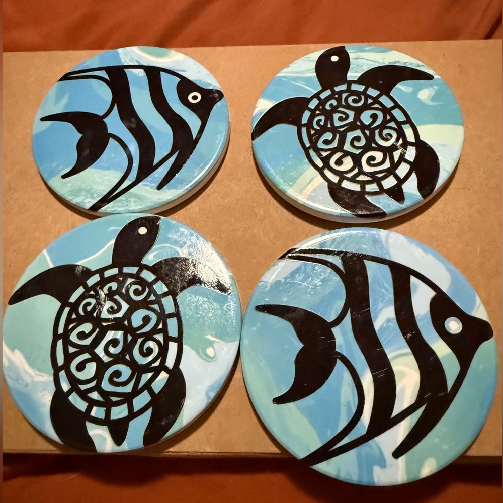 Blue and Black Fish and Turtle Coasters-set of 4